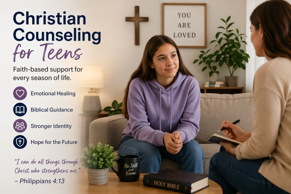 Christian Counseling for Teens session showing a teenage girl talking with a counselor in a faith-based setting for emotional healing and guidance