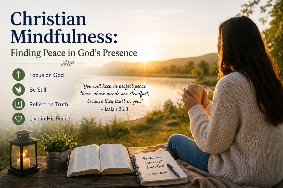 Christian mindfulness scene of a woman sitting by a lake at sunrise reflecting on God’s presence with Bible and journal for peace, prayer, and spiritual calm