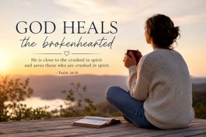 Woman praying at sunrise for emotional healing through faith.