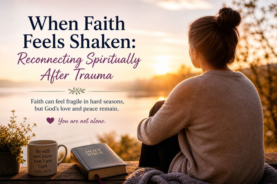 person sitting quietly at sunrise praying and reflecting When Faith Feels Shaken After Trauma, symbolizing healing, restored faith, emotional recovery, and reconnecting spiritually with God