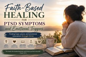 Christian believer praying with an open Bible while seeking faith-based healing for PTSD symptoms emotional triggers hope and peace through Christ