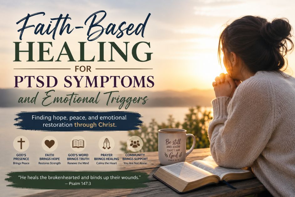 Christian believer praying with an open Bible while seeking faith-based healing for PTSD symptoms emotional triggers hope and peace through Christ