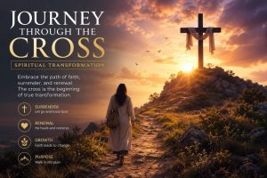 Christian walking toward a cross symbolizing spiritual transformation through faith and renewal