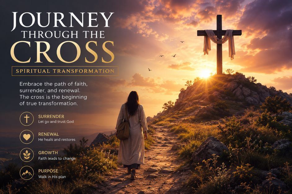 Christian walking toward a cross symbolizing spiritual transformation through faith and renewal