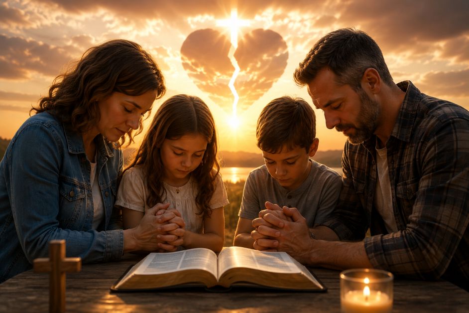 Family praying together for biblical healing of broken relationships and family restoration