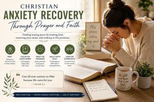 Woman praying beside an open Bible illustrating Christian anxiety recovery through prayer, faith, emotional healing, and trusting God's promises