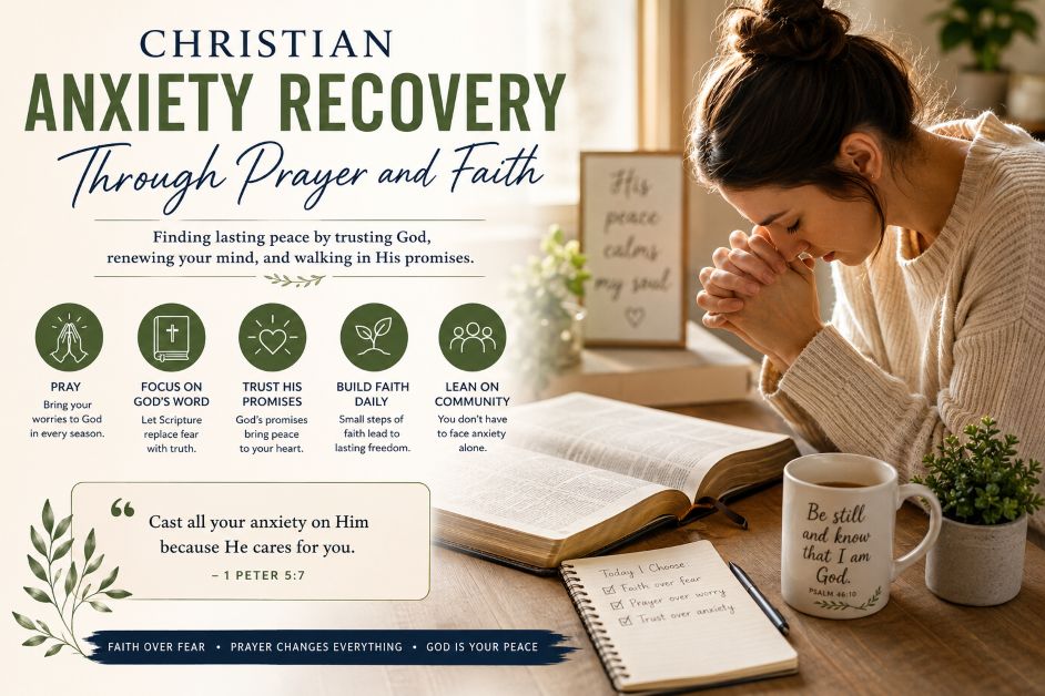 Woman praying beside an open Bible illustrating Christian anxiety recovery through prayer, faith, emotional healing, and trusting God's promises
