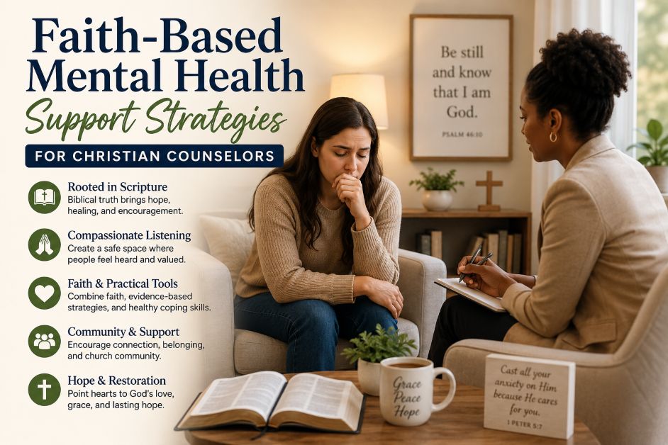 Christian counselor providing faith-based mental health support through prayer compassionate listening biblical guidance and emotional healing