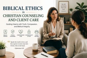 Biblical Ethics in Christian Counseling and Client Care with counselor providing compassionate biblical guidance in a professional Christian counseling session.