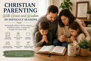 Christian Parenting With Grace and Wisdom in Difficult Seasons – Christian family praying together with hope, grace, and biblical guidance during challenging times