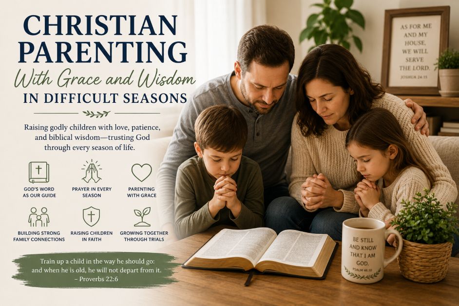 Christian Parenting With Grace and Wisdom in Difficult Seasons – Christian family praying together with hope, grace, and biblical guidance during challenging times