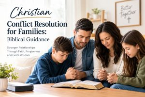 Christian conflict resolution for family praying together over an open Bible